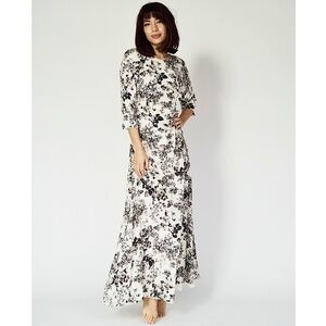 PAMELA BARISH Ivory Silk Vintage Floral Print 3/4 Sleeve Bias Cut Maxi Dress 2